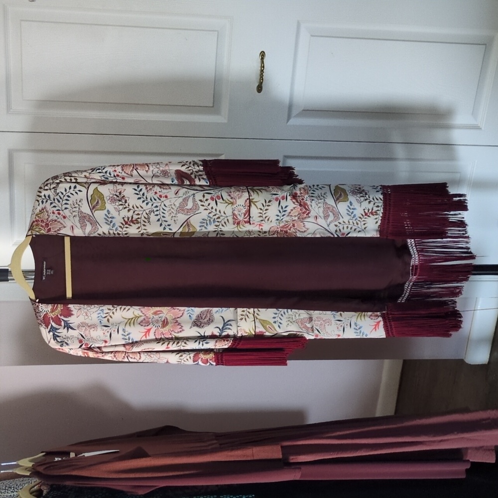 Zara Multicolor Floral Kimono with Burgundy Fringe